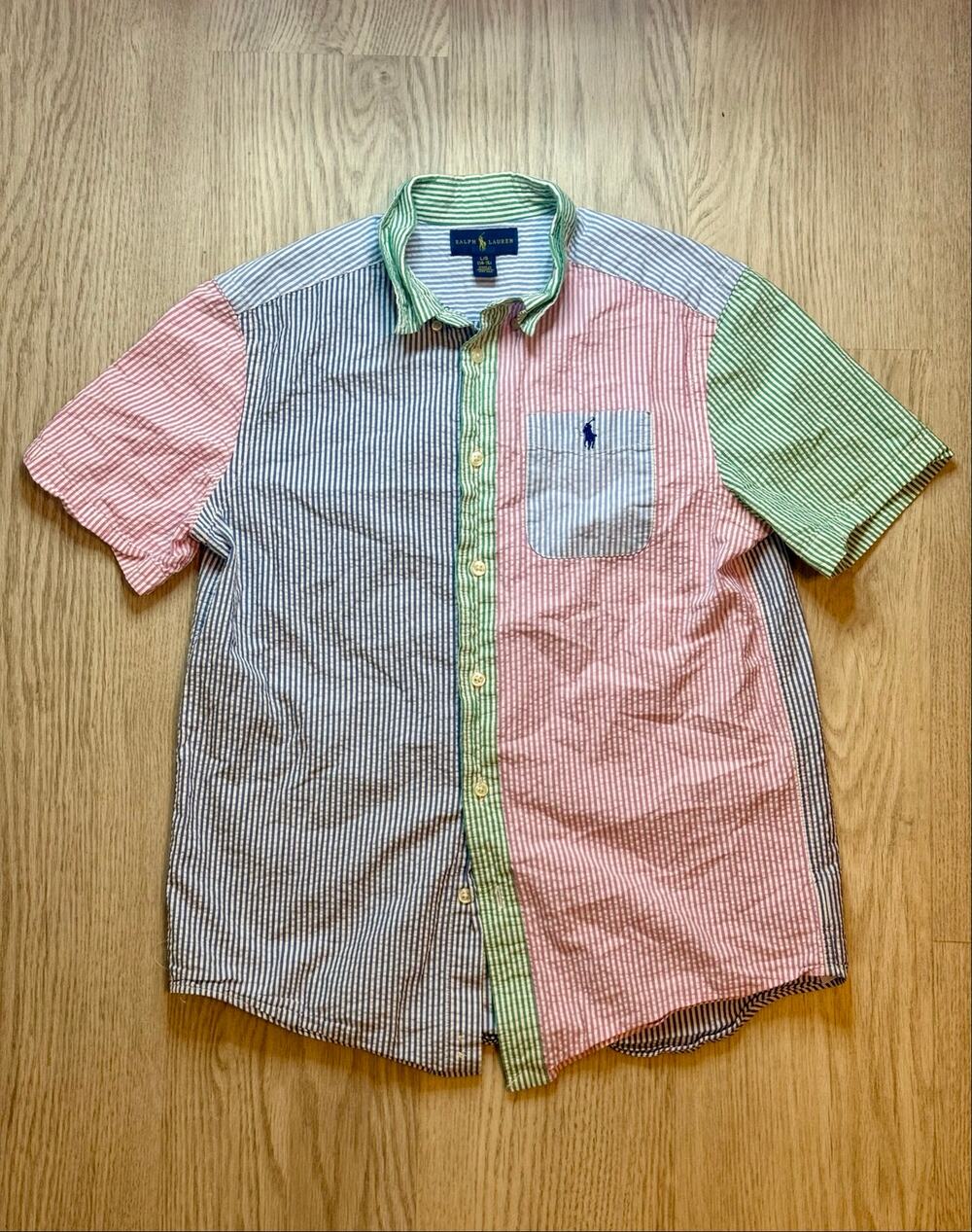 Ralph Lauren Youth Large Seersucker Patchwork Button‑Up Shirt –Multicolor Stripe